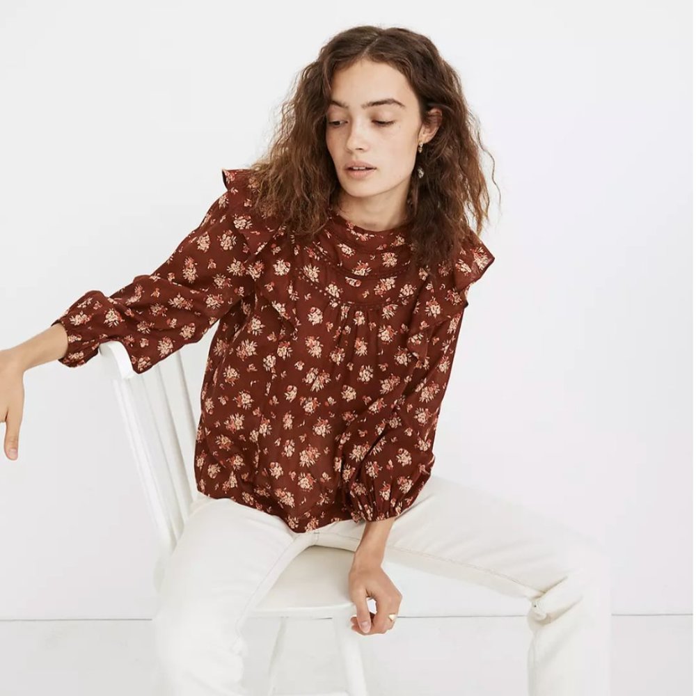 MADEWELL LADDER-TRIM RUFFLE TOP IN HOMESTEAD BOUQUET sz XXS